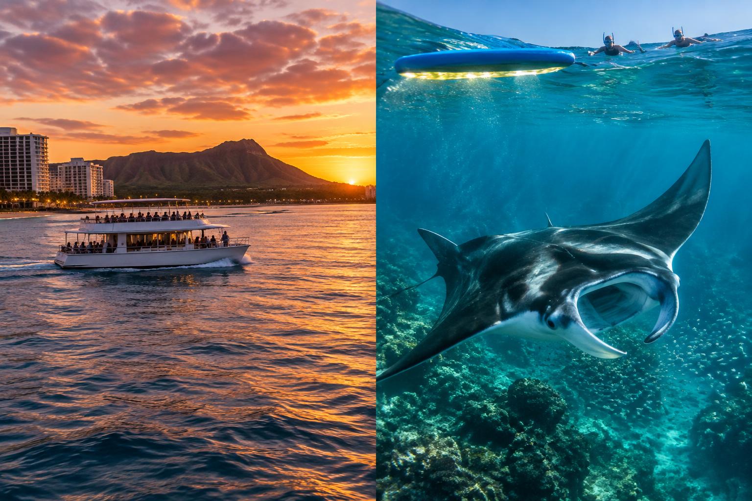 AI-generated comparison of a Waikīkī coastal cruise and a Kona manta snorkel