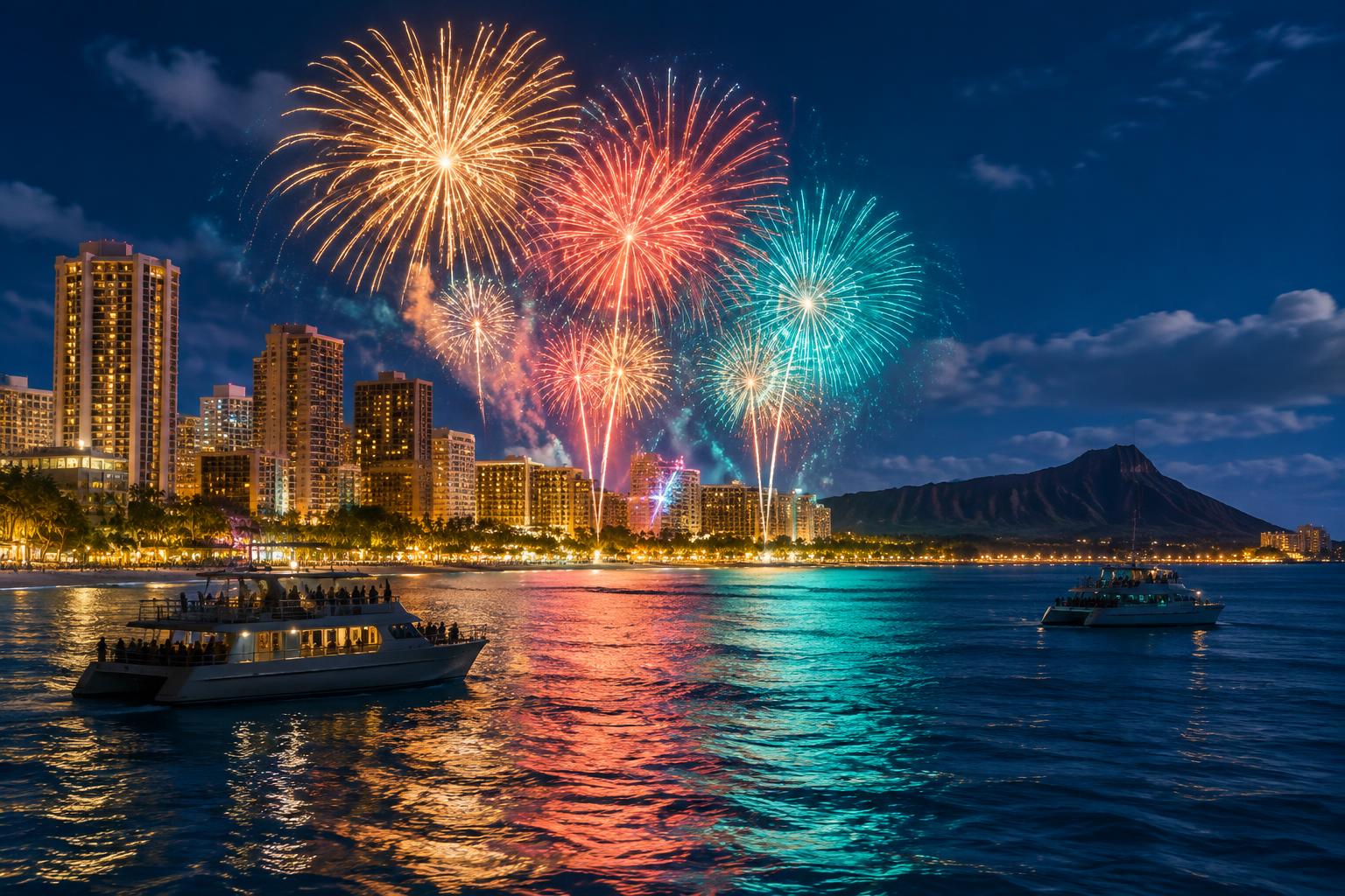 AI-generated illustration of fireworks viewed from boats off Waikīkī