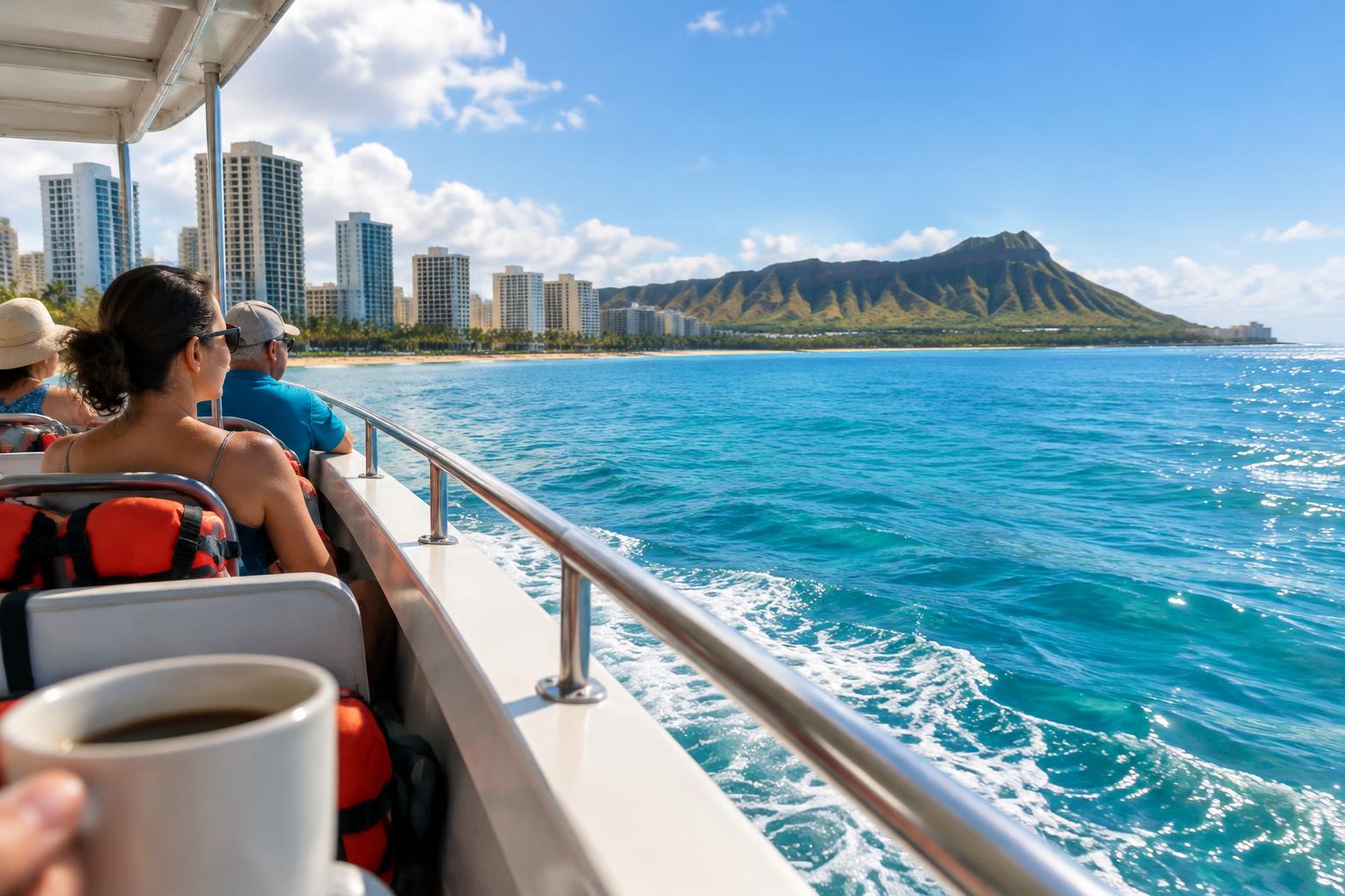 AI-generated illustration of a morning coastal boat outing near Waikīkī