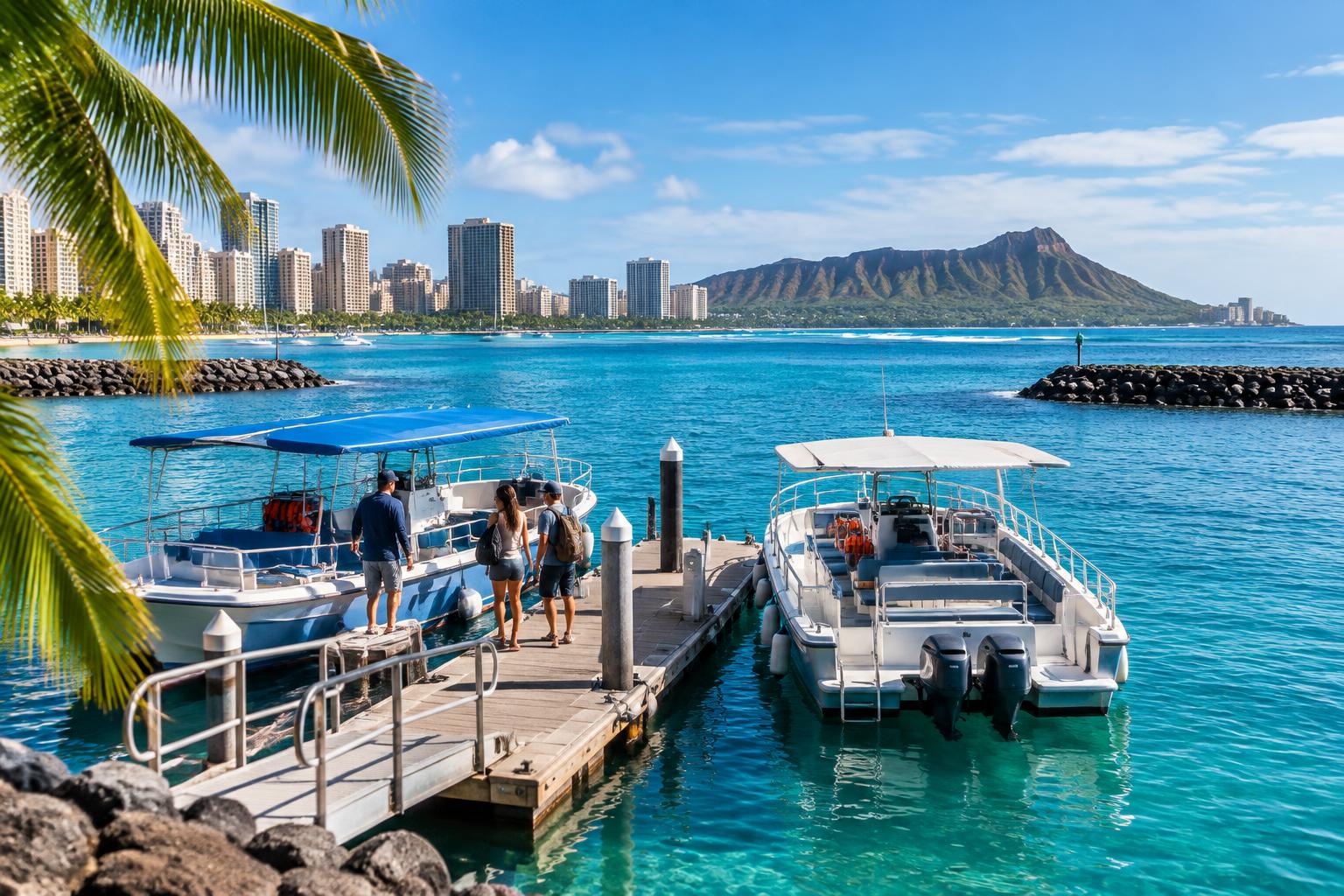 AI-generated illustration of generic tour boats at a Honolulu harbor