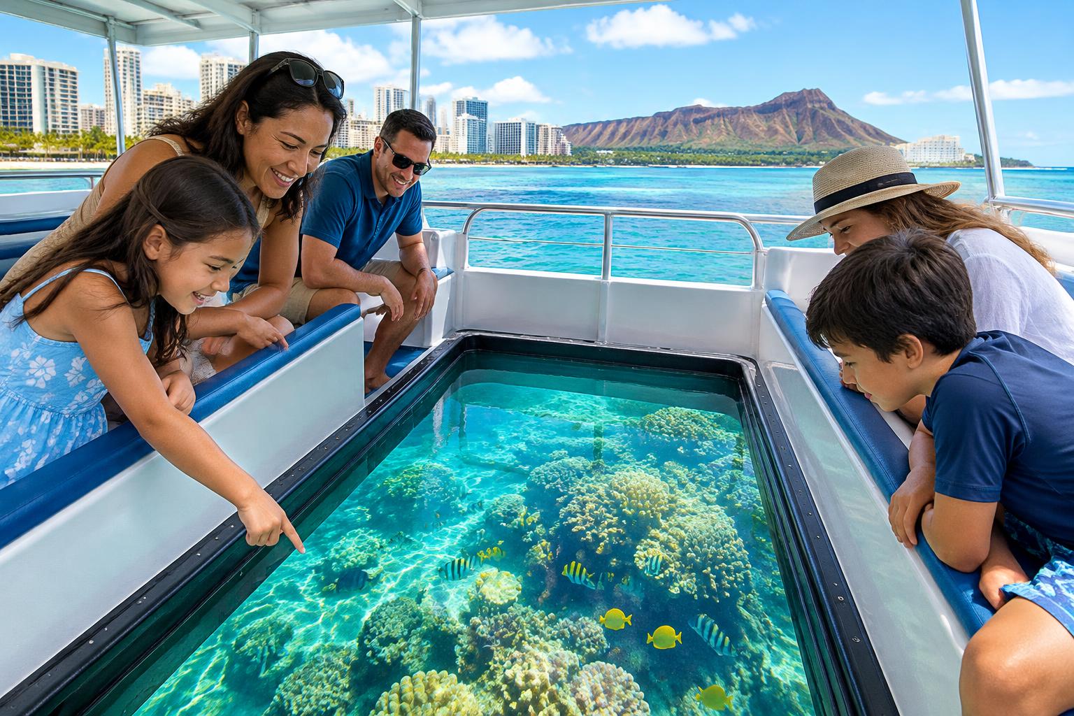 AI-generated illustration of glass-bottom viewing aboard a generic Waikīkī sightseeing boat