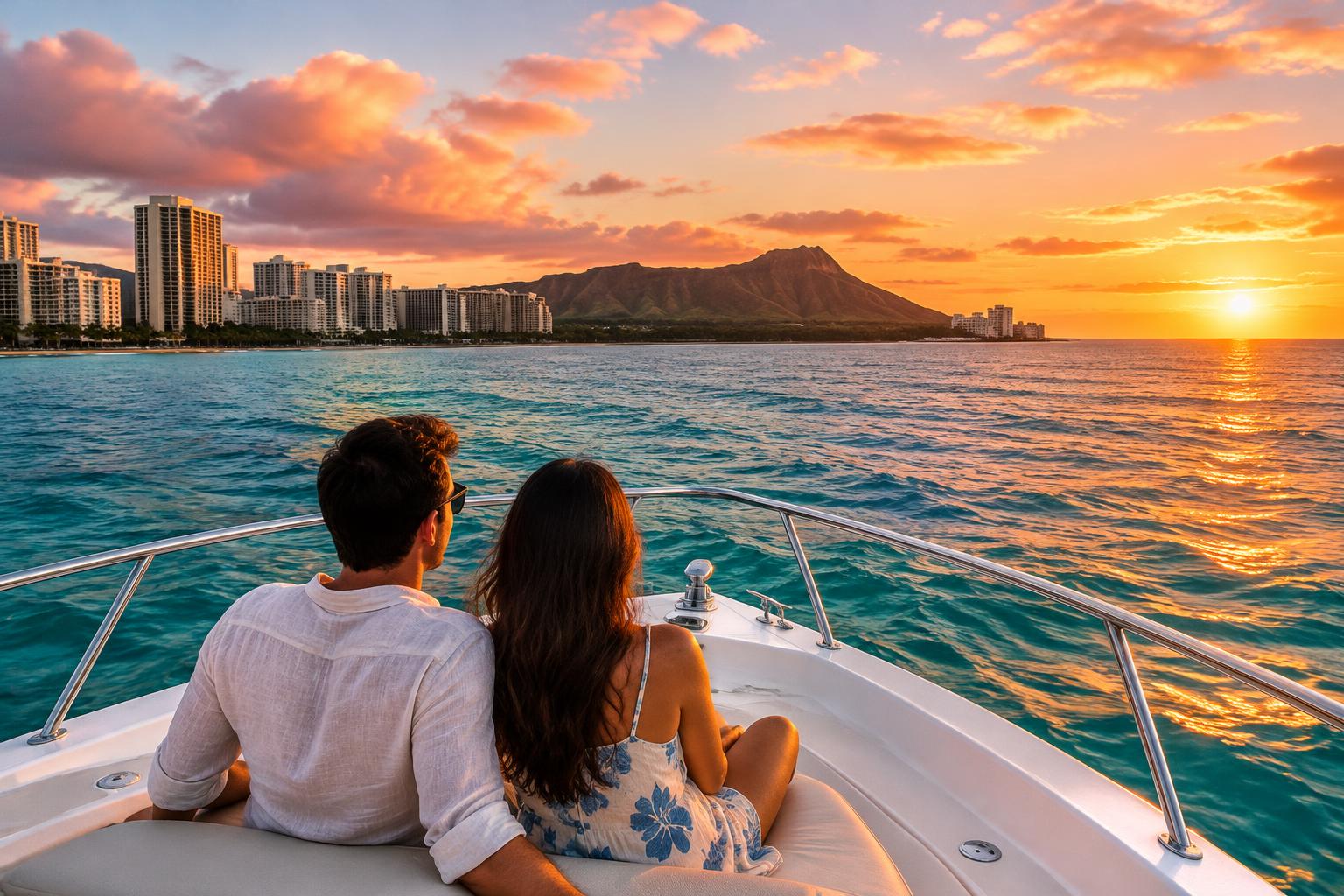 AI-generated illustration of a couple viewing the Waikīkī coast from a boat at sunset